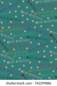 Christmas pattern with text "Merry Christmas" and stars on the green background