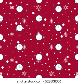 Christmas  pattern texture snow with clock on red background
