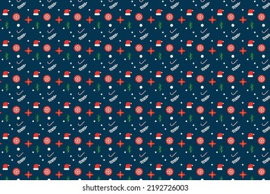 Christmas pattern texture vector for wrapping papers and Backgrounds. Endless pattern decoration with snowflakes, decoration balls, and Santa hats. Christmas element pattern design vector.