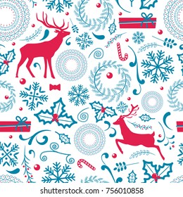 Christmas pattern that consist of lots of icon, candy and wreath with pine and berries, deers and presents, snowflakes isolated on vector illustration