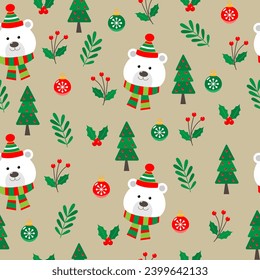 christmas pattern themed items like ornaments, leaves, berries, christmas tree, cute polar bear. Suitable for holiday-themed design projects like wrapping paper, greeting cards, and digital background