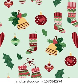 Christmas pattern with Christmas toys, bell, socks and mittens.
