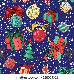 Christmas pattern with Christmas toys on a dark background with snow. Vector