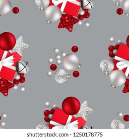 Christmas pattern with Christmas toys on a gray background. Vector EPS10