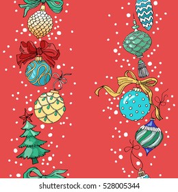 Christmas pattern with Christmas toys on a red background with snow. Vector