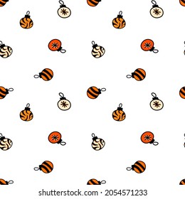 Christmas pattern with Christmas toys, tiger stripes, cartoon-style pattern. Pattern for gifts, banners, posters, gift wrapping.