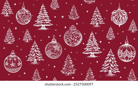 Christmas pattern with tree and ball, hand drawn illustrations	