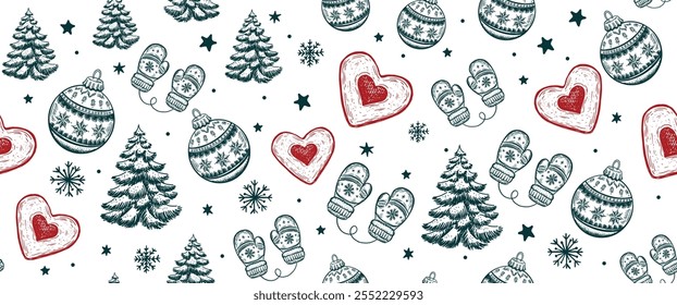 Christmas pattern with tree, ball, on white, hand drawn illustrations	
