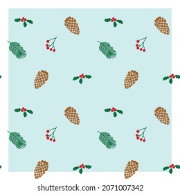 Christmas pattern with Christmas tree branches, cones. Colored. You can change the pattern color and background color.