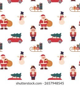 Christmas pattern with Christmas tree with car, Santa Claus, snowmanNutcracker, gifts on light background.Seamless vector background for textiles, wallpapers and festive decorations.