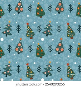 Christmas pattern. Tree cute ornament. Drawing winter Christmas. Doodle element of Christmas. New years texture of fir and pine forest. Decor textile, wrapping paper, wallpaper. Vector tidy design