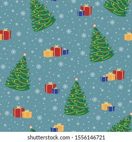 Christmas pattern. Christmas tree with Christmas decorations and gifts. 
