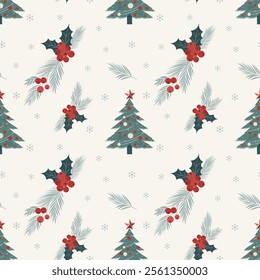 Christmas pattern with christmas tree, christmas flowers, snowflakes on a light background. Seamless background perfect for use in textiles, wallpapers, and festive decorations.