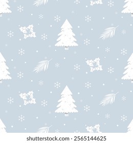 Christmas pattern with christmas tree, flowers, snowflakes on a blue background. Seamless background perfect for use in textiles, wallpapers, and festive decorations.