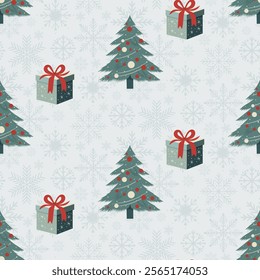 Christmas pattern with christmas tree, flowers, snowflakes, gifts on a light background. Seamless background perfect for use in textiles, wallpapers, and festive decorations.