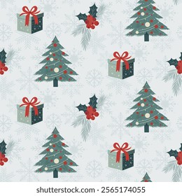 Christmas pattern with christmas tree, flowers, snowflakes, gifts on a light background. Seamless background perfect for use in textiles, wallpapers, and festive decorations.