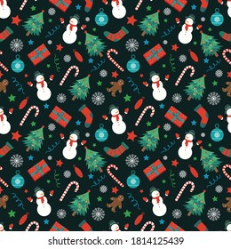 Christmas pattern with Christmas tree, gift boxes and other decorations. Holiday seamless pattern. Merry Christmas and Happy New Year. Vector illustration