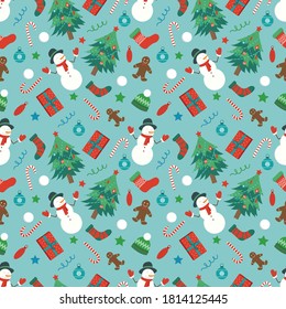 Weihnachtsmuster mit Weihnachtsbaum, Geschenkbox und anderen Dekorationen. Holiday nahtlos Muster. Frohe Weihnachten und glückliches neues Jahr. Vektorgrafik