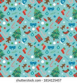 Christmas pattern with Christmas tree, gift boxes and other decorations. Holiday seamless pattern. Merry Christmas and Happy New Year. Vector illustration