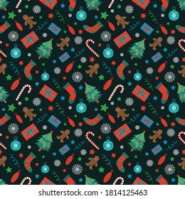Christmas pattern with Christmas tree, gift boxes and other decorations. Holiday seamless pattern. Merry Christmas and Happy New Year. Vector illustration