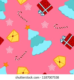 Christmas pattern with a Christmas tree, a gift and an envelope. New Year's holidays.