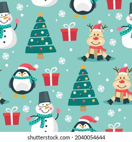 Christmas pattern with a Christmas tree with gifts of a deer and a snowman. The concept of Christmas and New Year. Vector illustration in a flat style.