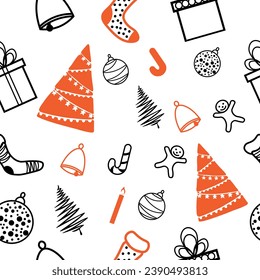 Christmas pattern. Christmas tree, gifts, socks for gifts in hand drawn style. Vector