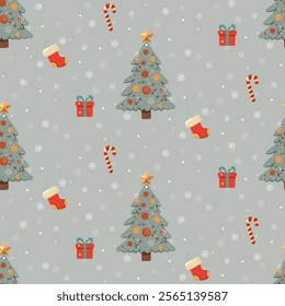 Christmas pattern with christmas tree, gifts, socks , sweets, snowflakes on a green background. Seamless background perfect for use in textiles, wallpapers, and festive decorations.