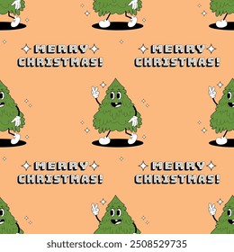 Patrón de Navidades con árbol de Navidad groovy. Patrón en muestras. Para la tela, papel de embalaje y otra decoración. Ilustración vectorial.