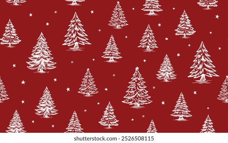 Christmas pattern with tree, hand drawn illustrations	