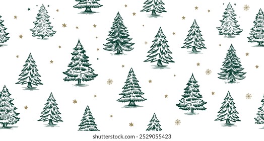 Christmas pattern with tree, hand drawn illustrations	