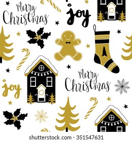 Christmas pattern with tree, holly, house, gingerbread man, socks and stars. Vector illustration. Template for Greeting Scrapbooking, Congratulations, Invitations.