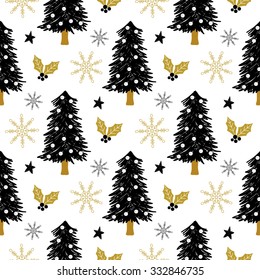 Christmas pattern with tree, holly, snow and stars. Vector illustration. Template for Greeting Scrapbooking, Congratulations, Invitations.