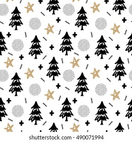 Christmas pattern with tree, holly, snow and stars. Pop Art Style. Vector illustration. Template for Greeting Scrapbooking, Congratulations, Invitations.