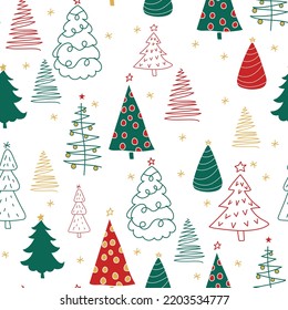 Christmas pattern. Christmas tree illustration hand-drawn packaging paper design, winter holiday decoration, red and green Christmas trees drawn by hand