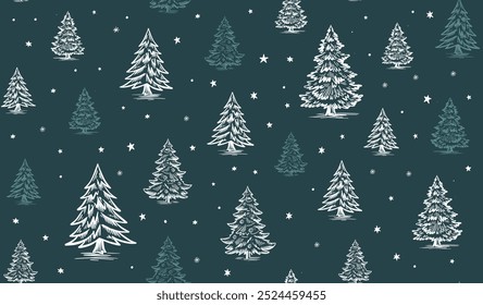 Patrón de Navidades con árbol en azul, ilustraciones dibujadas a mano	