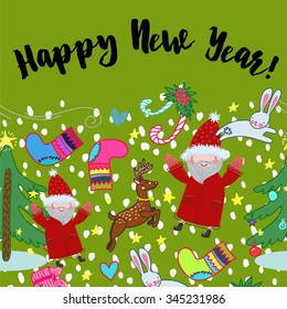 Christmas pattern with Christmas tree, santa, gifts, candy, rabbit, snowflake, stars and hearts