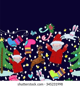 Christmas pattern with Christmas tree, santa, gifts, candy, rabbit, snowflake, stars and hearts