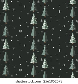 Christmas pattern with christmas tree, snowflakes on a green background. Seamless background perfect for use in textiles, wallpapers, and festive decorations.