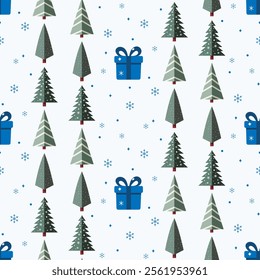 Christmas pattern with christmas tree, snowflakes y gifts on a white background. Seamless background perfect for use in textiles, wallpapers, and festive decorations.