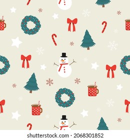Patrón de Navidad. Árbol de Navidad, muñeco de nieve, chocolate caliente, copos de nieve. Fondo de Navidad. Gráficos vectoriales de estilo plano