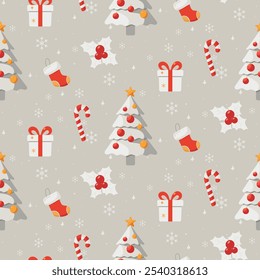 Christmas pattern with christmas tree, sweets, snowflakes on a light background. Seamless background perfect for use in textiles, wallpapers, and festive decorations.