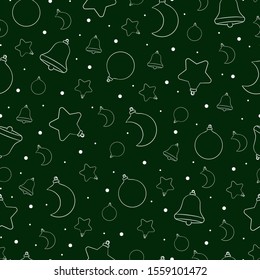 Christmas pattern with tree toy. Moon, star,bell. Green wrap, fabric, cover. Winter illustration