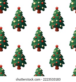 Christmas pattern with Christmas tree and toys on white background