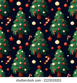 Christmas pattern with Christmas tree and toys on dark blue background