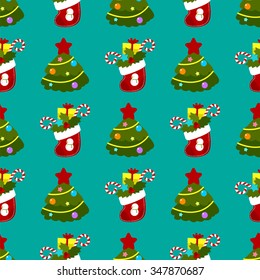 Christmas pattern with Christmas tree, Christmas toys, socks and gifts on a green background.