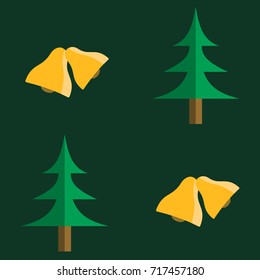 Christmas pattern with trees and bells on green background