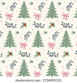 Patrón de Navidades con árboles, arcos y estrellas. Patrón de Navidades sin fisuras de Vector con abetos, conos de pino, arcos rosas y estrellas.