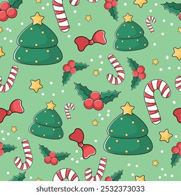 Padrão de Natal com árvores, bengalas de doces e bagas de azevinho, Vetor