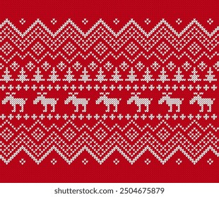 Christmas pattern with trees and deers. Xmas seamless knit texture. Holiday fair traditional ornament. Knitted red sweater background. Festive winter print. Wool pullover vector illustration.